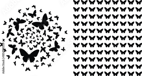 Large Silhouette Collection of Flying Butterflies, Representing Nature, Insect Swarm, Spring, Freedom, and Decorative Graphic Elements