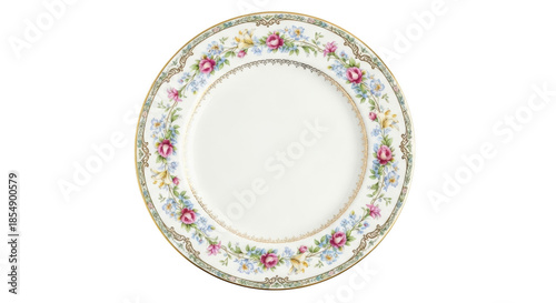 White porcelain plate with pink roses and blue flowers floral border ceramic dish