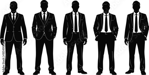 Set of five vector silhouettes of business men in suits standing, representing corporate leadership, professionalism, executive success, and financial industry concepts.
