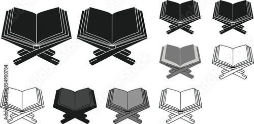 Set of monochrome vector icons illustrating an open religious book resting upon a traditional wooden folding lectern (rehal/Quran stand).