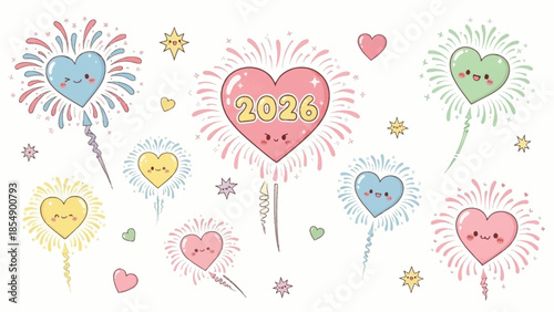 Colorful heart balloons and fireworks celebrate 2026 with joy and Emotions.