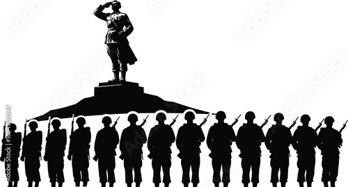 Silhouette illustration of soldiers standing in formation before a saluting military statue, symbolizing honor, patriotism, remembrance, armed forces tribute, and national pride.