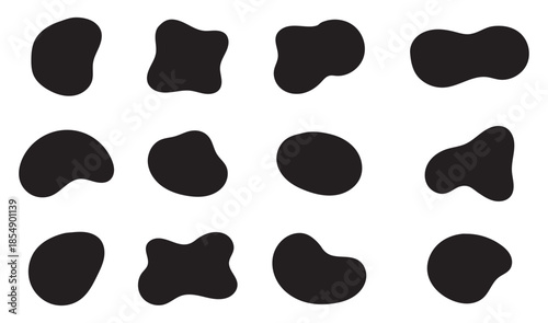 Organic shape round form set. Liquid organic blob. Abstract organic blob shapes vector irregular figures isolated on transparent background. Black cube drops. Various shapes of irregular blobs