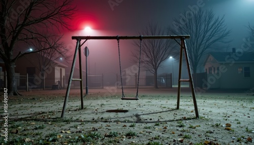 Eerie Playground at Night: A Haunted Swing Set in Fog with Red Light, Perfect for Horror and Halloween Themes (Copy Space Available)