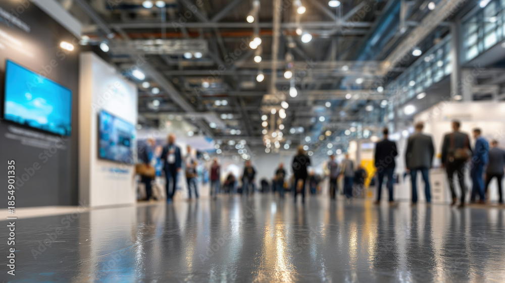 Obraz premium Blurred figures in a trade show hall. Shiny floors mirror the bright overhead lights. The image captures the scale and activity.