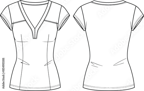 Women's Medical Scrub Top Technical Fashion Flat Sketch Vector Illustration Template V-Neck Tunic, Fitted Body, Cap Sleeves, Front and Back Views for Apparel Design and Presentation