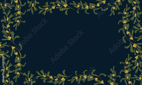 Christmas horizontal banner frame with festive green leaves and yellow berries. Vector hand drawn vintage template on dark blue background for greeting card, poster, invitation with copy space