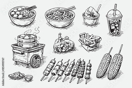 Hand Drawn Street Food Cart Items Sketch Vector Set
