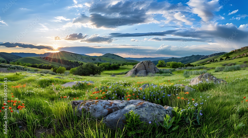 Obraz premium Sunset over lush green hills wildflower meadow landscape photography vibrant nature scenic viewpoint