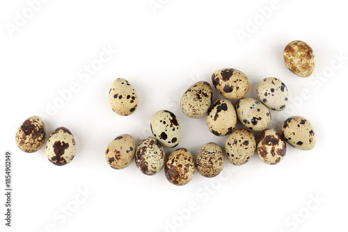Quail eggs isolated on white background. Natural patterned farm quail eggs.