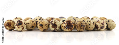 Quail eggs isolated on white background. Natural patterned farm quail eggs.