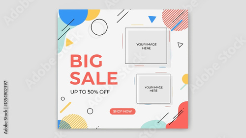 Modern Memphis Style Big Sale Social Media Post Template with Colorful Geometric Shapes and Photo Placeholders