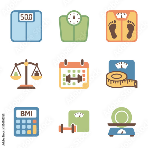 Body Weight Tracking and Fitness Assessment Icons Featuring Different Scales Measuring Tape Calendar and BMI Calculator