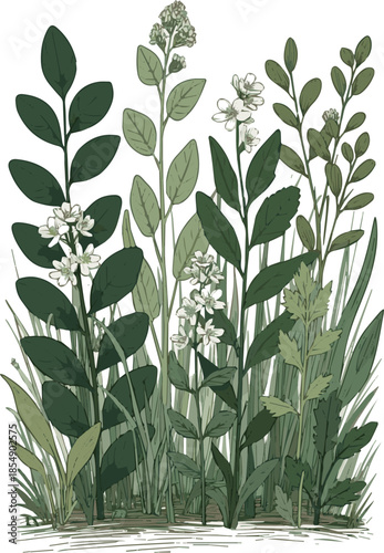 Create a realistic Composition of green plants and blooming ornamental grass and rocks vector art with white background .