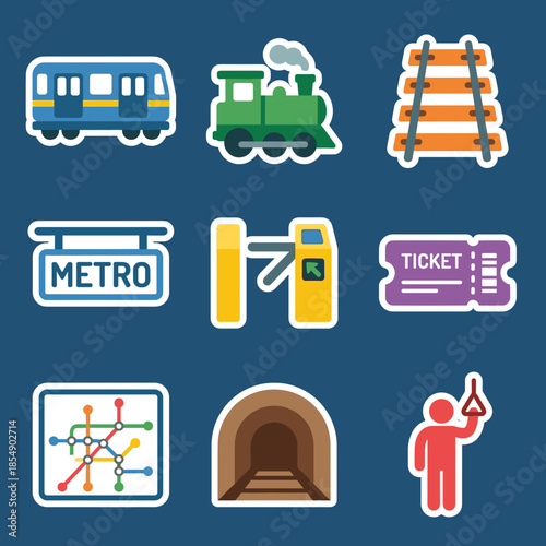 Urban Public Metro and Subway Transportation System Icons with Train Railway Track Ticket Barrier Tunnel and Navigation Map