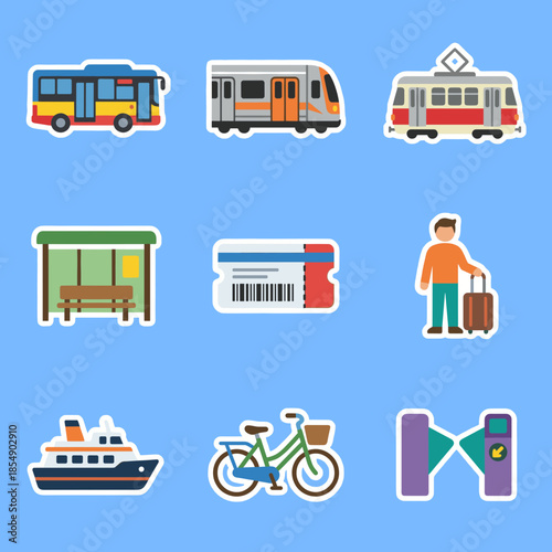 Global Transportation Icons Featuring Bus Train Tram Ship Ferry Bicycle Ticket Gate and Passenger with Travel Luggage