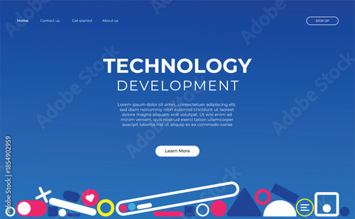 Modern technology development landing page. Colorful abstract geometric shapes and search bar. Business websites, SaaS startup, app promotion, SEO marketing. Editable text template. Baas social media