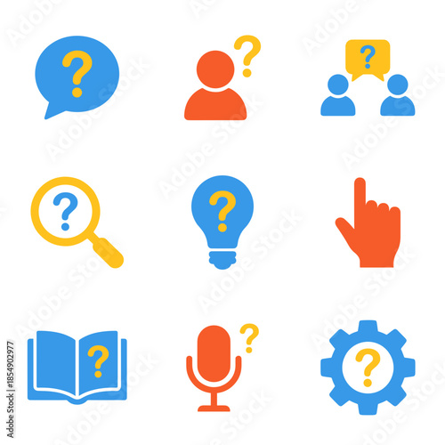 Customer Support and FAQ Concept Icons with Question Marks Speech Bubble Light Bulb Magnifying Glass Microphone and Settings Gear