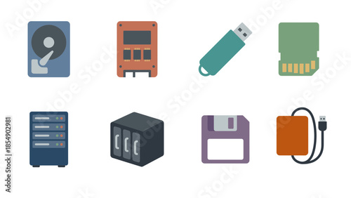 Computer Data Storage and Hardware Icons Including Hard Drive SSD USB Flash Disk SD Card Server Floppy Disk and External Drive