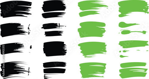 A comprehensive set of various textured paint brush strokes in bold black and vivid green colors