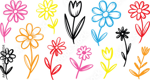 A delightful collection of simple hand drawn colorful flowers in various shapes and sizes on a white surface