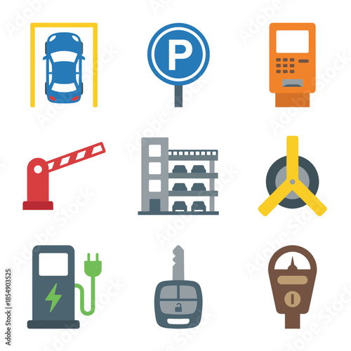 Urban Parking and Car Service Icons Featuring Parking Sign Garage Gate Level Parking Meter Electric Charging and Car Key Symbols