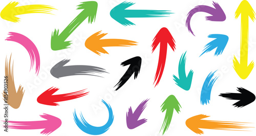 A dynamic assortment of multicolored hand drawn brush stroke arrows pointing in many different directions