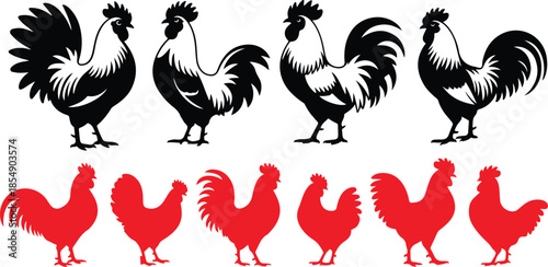  Rooster Silhouette Vector Icon Set