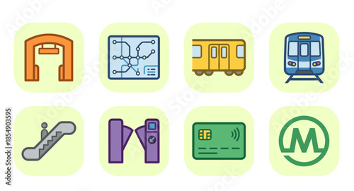 Modern subway and metro station transportation system icons set including city map train carriage turnstile and smart card