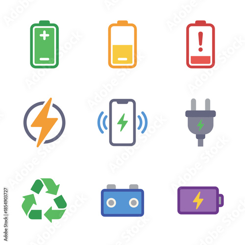 Battery power and energy charging technology icons set featuring full charge low battery wireless charging and recycling