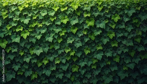 Dense green ivy vines cover a wall creating a natural pattern. Leaves vary in shade from light to dark green, forming a rich, textured backdrop ideal for nature themes and garden designs.