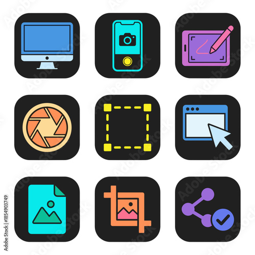 Digital creative design and photo editing tool icons set with computer screen smartphone camera tablet stylus and crop tool
