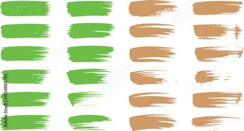 A series of green and brown textured paint strokes displaying various styles and forms
