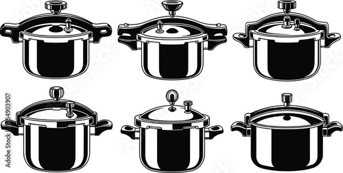 Pressure cooker silhouette set with stovetop cookers, safety valve pots, kitchen cookware, sealed cooking pots, stainless steel pressure pans