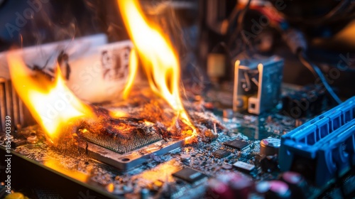 Fire engulfing and destroying the motherboard and components of a desktop PC, severe computer damage, burning electronics, circuit board meltdown, hardware destruction and technology disaster