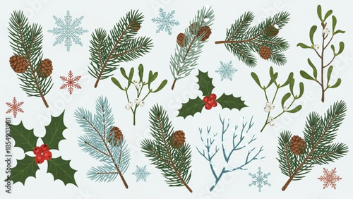 Collection of winter holiday elements including pine branches holly mistletoe and snowflakes perfect for festive design