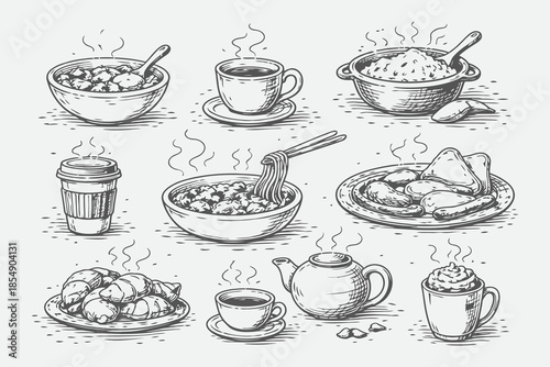 Hand Drawn Steaming Hot Food and Drinks Sketch Vector Set