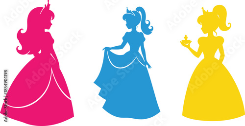 Princess silhouette vector, fairy tale royalty, elegant gown, fantasy character, colorful dress, crown, feminine pose, magical theme, children illustration, graceful princess art