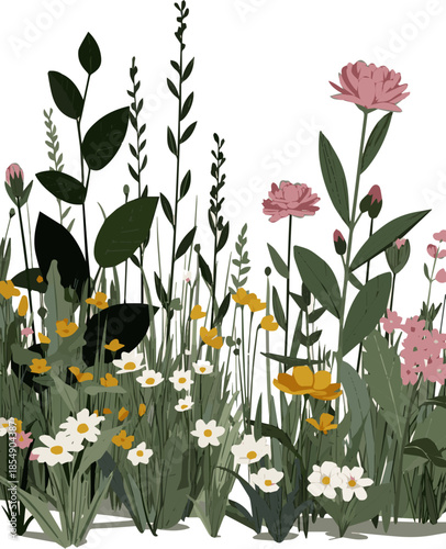 Create a realistic Composition of green plants and blooming ornamental grass and rocks vector art with white background .