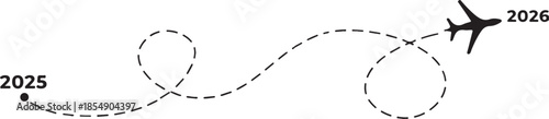 airplane journey path illustration from 2025 to 2026
