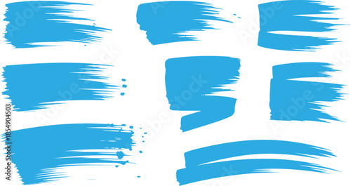 Diverse blue hand painted strokes showcase energetic movement and artistic texture against a simple white backdrop