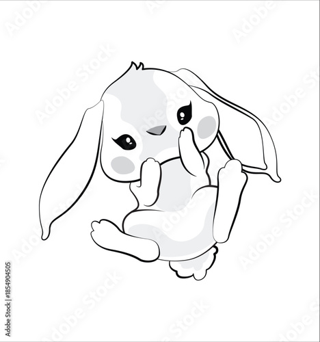 A clean black and white line art illustration of a small easter rabbit sitting upright with its front paws tucked in and ears swept back, featuring a simple, cute aesthetic with grey cheek accents