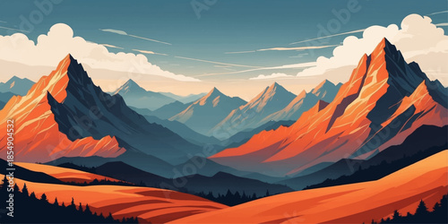 Scenic panorama of a snow peak in the Alps during a glowing sunset and sunrise morning with mist over the rocky mountain valley and winter clouds