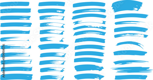 Extensive assortment of various sized horizontal blue hand painted brush strokes on a bright white surface