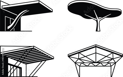 Awning and canopy architecture for building exterior roof in black on transparent