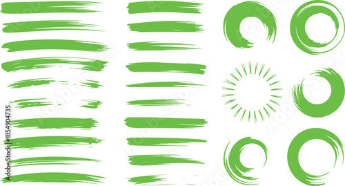 Long green horizontal brush strokes combined with round spiral shapes and a sunburst element