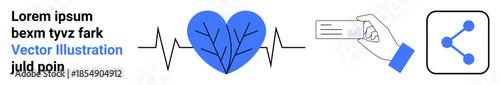 Healthcare, cardiology, networking, communication, social sharing, identity exchange. Blue heart with heartbeat line, hand holding a card and share icon. Healthcare and networking concept