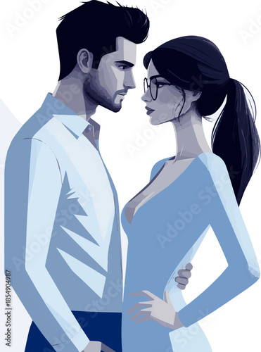 Create a realistic Cool and handsome man and woman standing face to face vector art with white background.