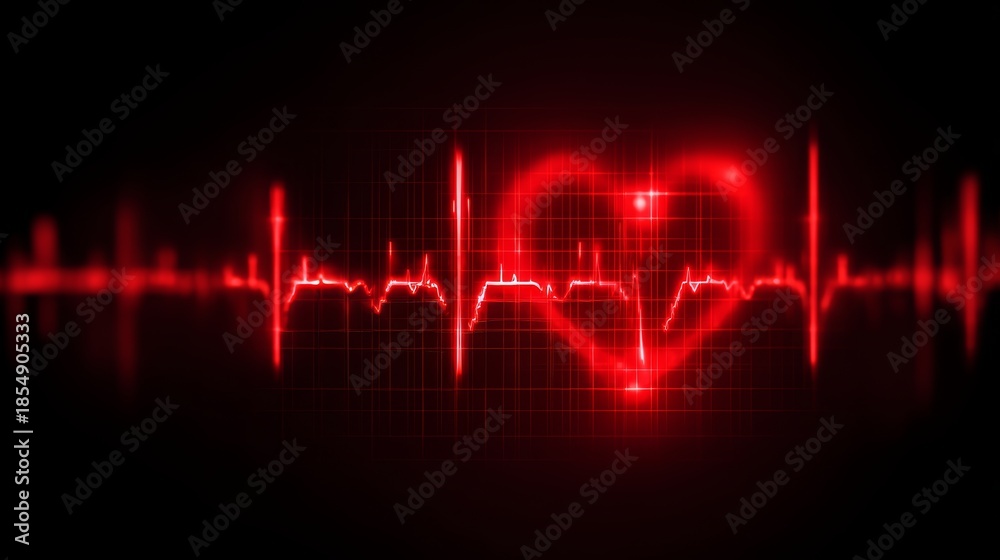 Fototapeta premium Red heart pulse cardiography trace on abstract medical background, representing emergency medicine, hospital monitoring, vital signs, heart rhythm, healthcare, cardiology, life support, patient care