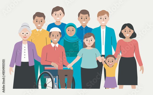 Inclusive diverse community representing various ages, abilities, and cultural backgrounds illustration, high rank social concept showing unity, equality, participation, mutual respect, and welcoming 
